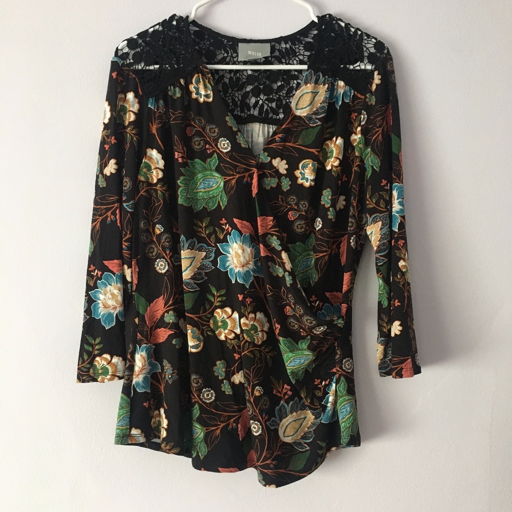 Anthropologie Black Graphic 3/4 Sleeve Blouse